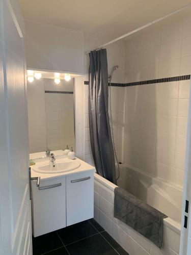 une salle de bain blanche avec un lavabo et une douche dans l'établissement Vivez en appartement en centre-ville - Hotel de ville - 1 ch, au Havre