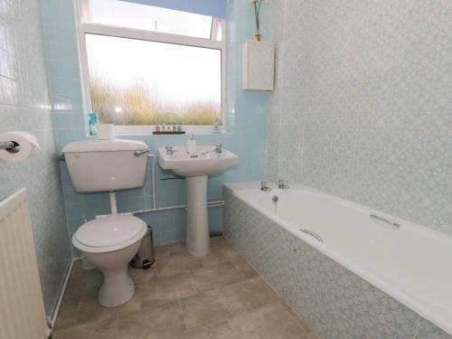 a bathroom with a toilet and a sink and a bath tub at Trem Y Foel in Penrhyndeudreath