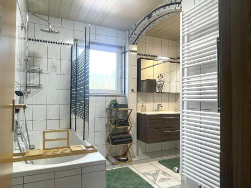 W łazience znajduje się prysznic, umywalka i lustro. w obiekcie Fewo Lago di Costanza 2 w mieście Friedrichshafen