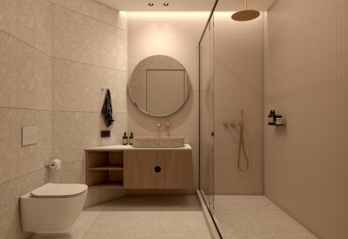 普拉基亞斯的住宿－Paligremnos Infinity，带淋浴、卫生间和盥洗盆的浴室