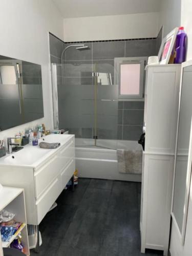 une salle de bain avec une baignoire, un lavabo et une douche dans l'établissement Villa Saint Ouen sur Seine, à Saint-Ouen