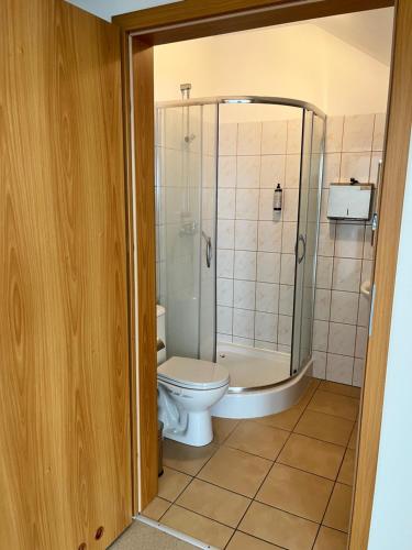 uma casa de banho com um chuveiro e um WC. em Ośrodek konferencyjno-wypoczynkowy em Chojna