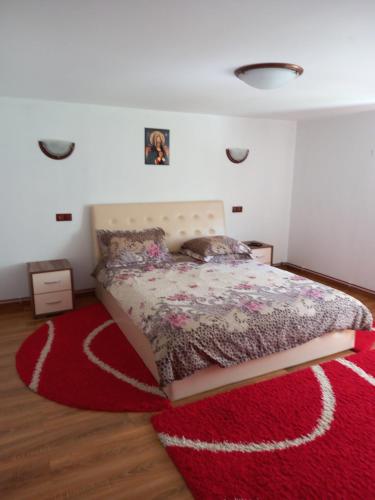 a bedroom with a bed and a red rug at Cabana Forest in Piatra Fantanele