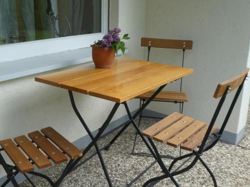 a wooden table with two chairs and a potted plant on it at Ferienwohnung Am Hirschpark in Bad Pyrmont