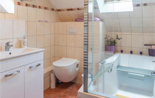 a bathroom with a toilet and a sink and a shower at 2 Bedroom Gorgeous Home In Boiensdorf in Boiensdorf