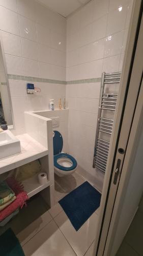 bagno con servizi igienici blu e lavandino di T2 COCOONING BEACH a La Ciotat