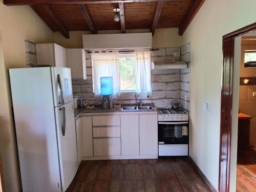 a kitchen with a white refrigerator and a sink at Aparts chalet Alquimia in Lago Puelo