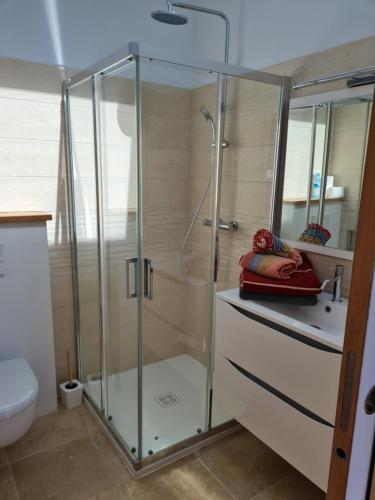 a glass shower in a bathroom with a toilet at Studio en plein centre-ville de Perros-Guirec in Perros-Guirec