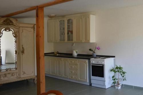 a kitchen with yellow cabinets and a white oven at Ubytovani Sarka in Čistá