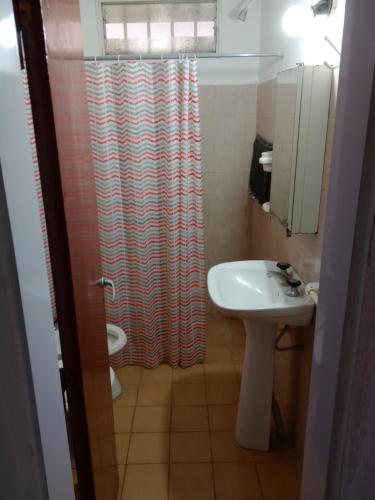 y baño con cortina de ducha y lavamanos. en Los nidos 2 en Villa Cura Brochero