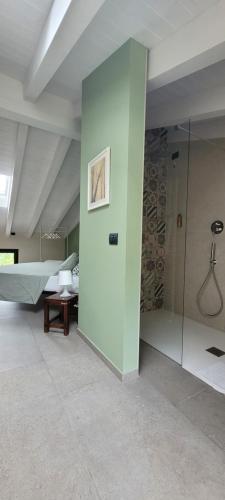 um quarto com uma cabina de duche em vidro e uma cama em La Sarmassa em Vernasca