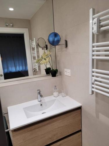 a bathroom with a white sink and a mirror at Apartamento Azabache in Zaragoza