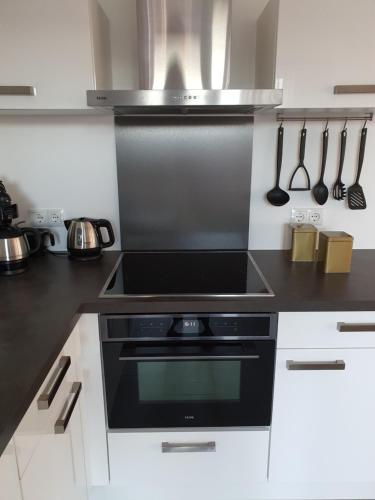 シュットルフにあるFerienwohnung Ferienpark Quendorferseeのキッチン(黒いコンロ付)