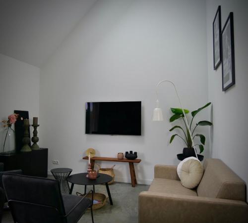 a living room with a couch and a tv on a wall at La Vita Veluwe in Wapenveld