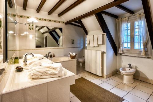 a bathroom with a sink and a tub and a toilet at les bois de ravel chambres d'hôtes in Ravel