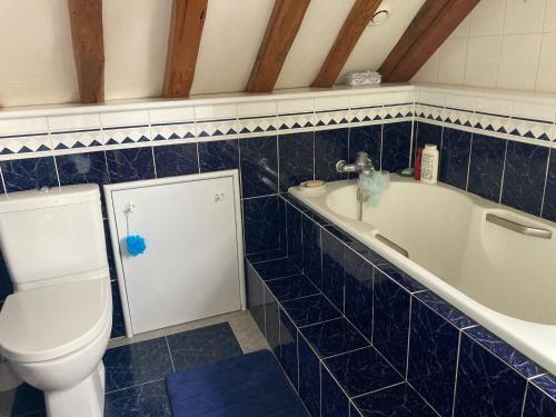 ein Badezimmer mit einem WC, einer Badewanne und einem Waschbecken in der Unterkunft Chambre d'Hôte du Pic Drille in Charmont-sous-Barbuise