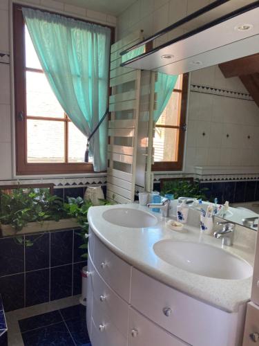 ein Badezimmer mit zwei Waschbecken und einem großen Spiegel in der Unterkunft Chambre d'Hôte du Pic Drille in Charmont-sous-Barbuise