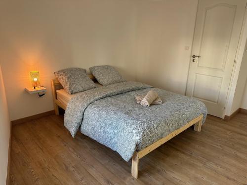 1 dormitorio con 2 camas y una lámpara en el suelo en Maison de ville avec jardin, en Valence