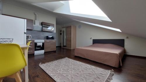 a bedroom with a bed and a kitchen with a skylight at Apartments near Noblessner in Tallinn