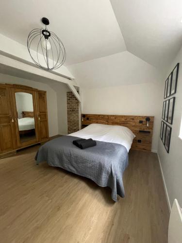 1 dormitorio con cama y lámpara de araña en La maison de Solange, en Esquelbecq