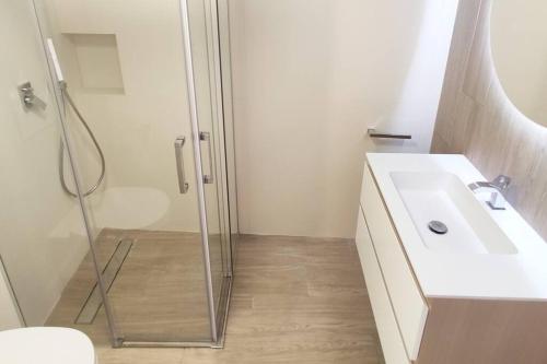 a bathroom with a shower and a white sink at Piso con vistas al Jardín de San Esteban in Murcia