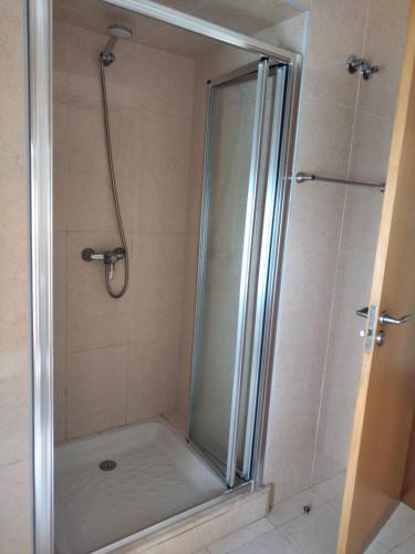 baño con cabina de ducha con puerta de cristal en Apartamentos A Parada do Camiño Padrón, en Padrón