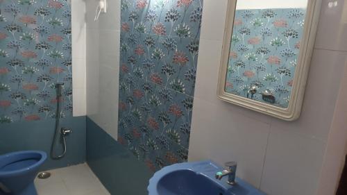 a bathroom with a blue sink and a shower at Jag Niwas Guest House & pure veg restaurant in Udaipur