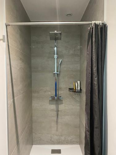 a shower with a shower curtain in a bathroom at Le Merrain gîte plein coeur de Chablis in Chablis