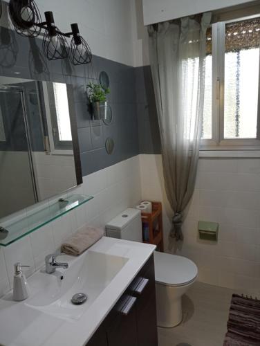 a bathroom with a sink and a toilet and a mirror at Casa campo con piscina La Arboleda in Amoeiro