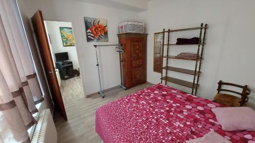 sypialnia z łóżkiem z czerwoną kołdrą w obiekcie 20 Rue Châtel w mieście Verdun