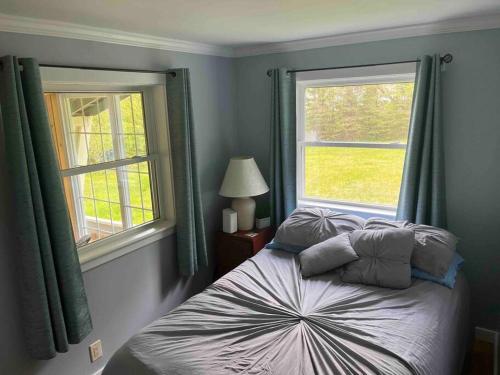um quarto com uma cama e duas janelas em Lovely home near Stowe, shopping and trails em Morristown