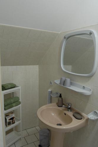 a bathroom with a sink and a mirror at Penzion Levandule in Rumburk