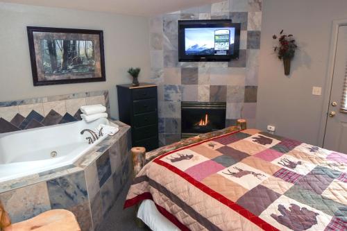 a bedroom with a bed and a tub and a television at Fawn Valley Inn- 106 condo in Estes Park