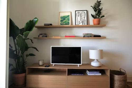 a television on a wooden stand with a lamp and plants at Charming apartment by the river in Alcácer do Sal