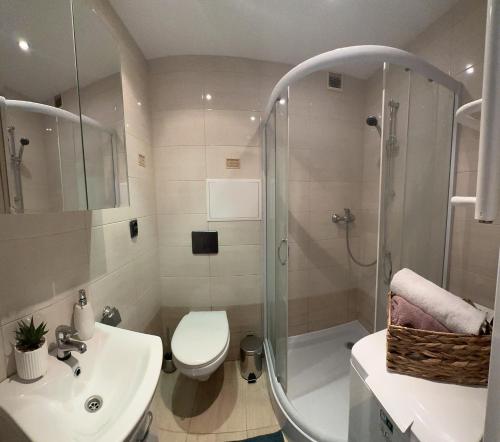 a bathroom with a shower and a toilet and a sink at Gdańsk Sea Apartment by YOCA in Gdańsk