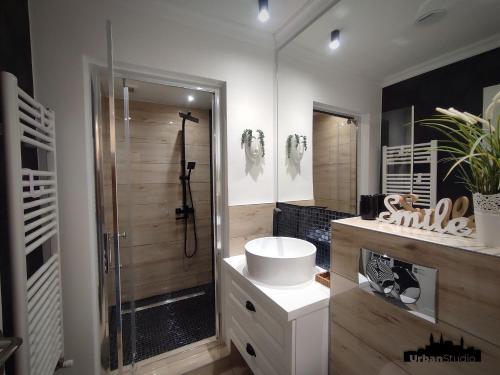 a bathroom with a shower and a white sink at Urban Studio - Self Check-in in Hunedoara