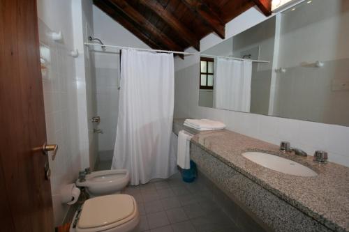 Pinamar De La Lisa في بينامار: حمام مع حوض ومرحاض ومرآة