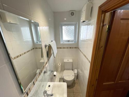 a bathroom with a toilet and a sink and a mirror at Quaysiders Lakes Resort - Quaysiders Club in Ambleside