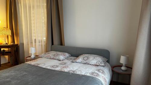 a bedroom with a bed with two pillows and a window at Japandi apartamentai in Kaunas