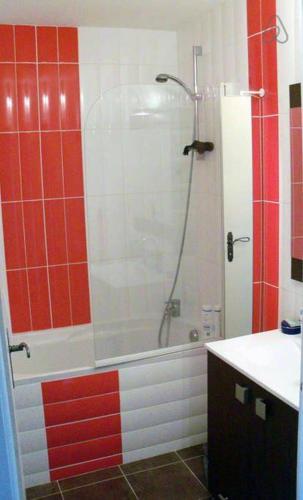 La salle de bains est pourvue d'une douche avec du carrelage rouge et blanc. dans l'établissement Le Monspetellarius (parking, terrasse & clim), à Montpellier