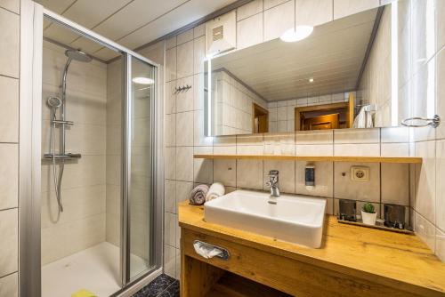 W łazience znajduje się umywalka i prysznic. w obiekcie Sportpension Bergblick w mieście Wagrain