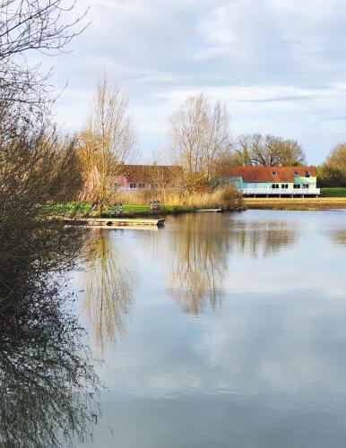 a view of a lake with a house in the background at Domaine de la roselière • Nature • Brenne in Rosnay