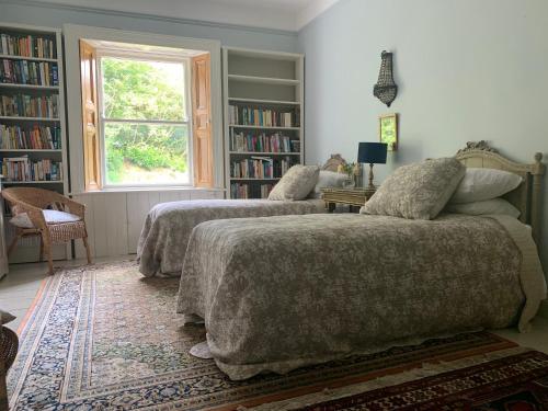 a bedroom with two beds and a window and bookshelves at Ballyteige Lodge in Ballyteige Bridge