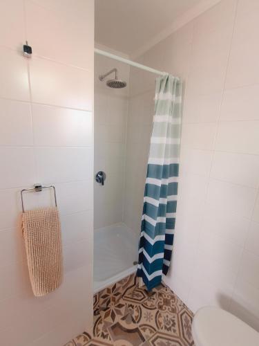 a bathroom with a shower with a blue and white shower curtain at Hostal Terraza Recreo in Viña del Mar