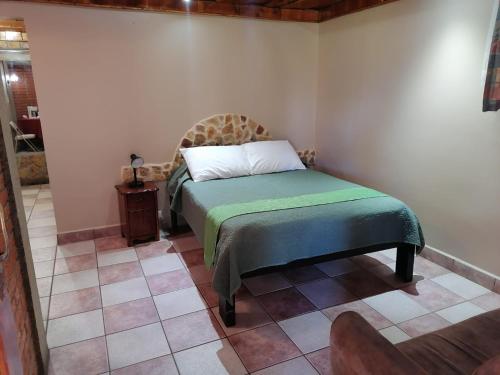 a bedroom with a bed with a pillow and a chair at Hotel Cibeles Resort in Heredia
