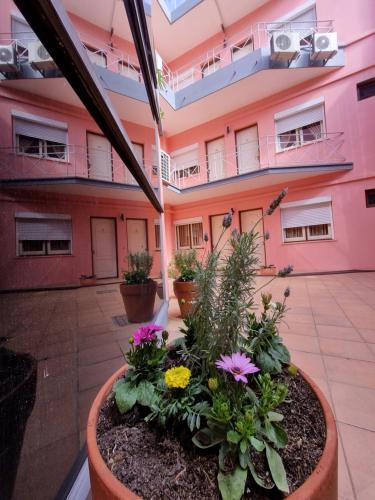 a courtyard of an apartment building with flowers at Hotel Perla del Plata in Colonia del Sacramento