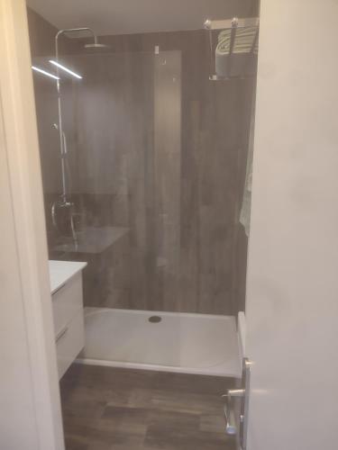 uma casa de banho com um chuveiro e uma banheira branca em Appartement liberty em Courseulles-sur-Mer