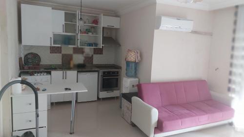 eine Küche mit einem rosa Sofa in einem Zimmer in der Unterkunft Gardenya rezidans 1+1 in Antalya