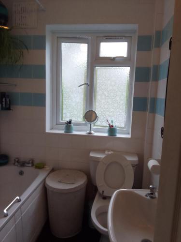 Streatham的住宿－Bexley Rooms，一间带卫生间、水槽和窗户的浴室