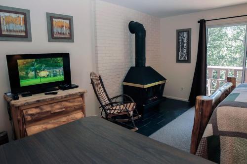 a living room with a fireplace and a television at Fawn Valley Inn- 278 condo in Estes Park